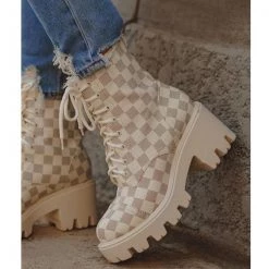 Weekly Best Seller Mollyshoe Checkerboard Pattern Lace Up Chunky Sole Boots