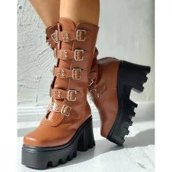 Mollyshoe Buckled Studded Decor Platform Chunky Long Boots