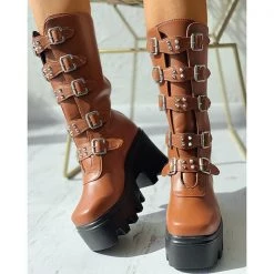 Mollyshoe Buckled Studded Decor Platform Chunky Long Boots
