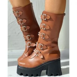 Mollyshoe Buckled Studded Decor Platform Chunky Long Boots
