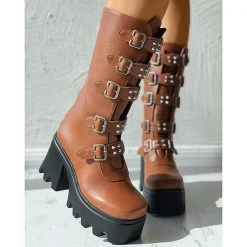 Mollyshoe Buckled Studded Decor Platform Chunky Long Boots