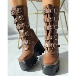 Mollyshoe Buckled Studded Decor Platform Chunky Long Boots