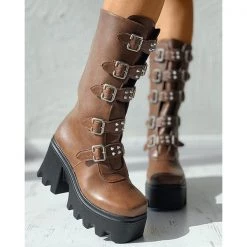 Mollyshoe Buckled Studded Decor Platform Chunky Long Boots