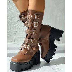Mollyshoe Buckled Studded Decor Platform Chunky Long Boots