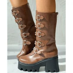 Mollyshoe Buckled Studded Decor Platform Chunky Long Boots