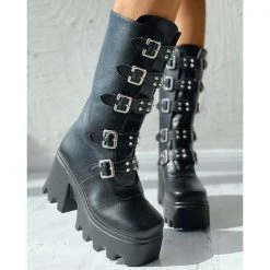 Mollyshoe Buckled Studded Decor Platform Chunky Long Boots