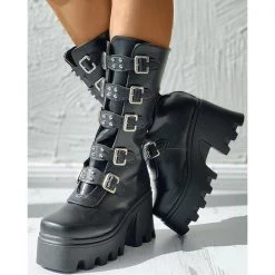 Mollyshoe Buckled Studded Decor Platform Chunky Long Boots