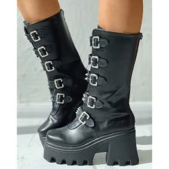 Mollyshoe Buckled Studded Decor Platform Chunky Long Boots