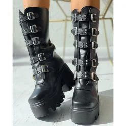 Mollyshoe Buckled Studded Decor Platform Chunky Long Boots