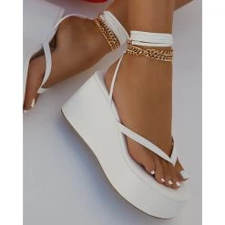 Mollyshoe Ankle Chain Lace-Up Thong Entry Wedge Platform Sandals