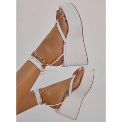 Mollyshoe Ankle Chain Lace-Up Thong Entry Wedge Platform Sandals