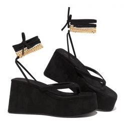 Mollyshoe Ankle Chain Lace-Up Thong Entry Wedge Platform Sandals