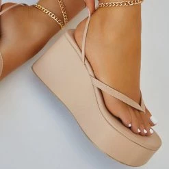 Mollyshoe Ankle Chain Lace-Up Thong Entry Wedge Platform Sandals