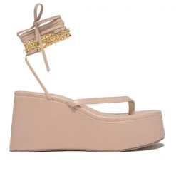 Mollyshoe Ankle Chain Lace-Up Thong Entry Wedge Platform Sandals