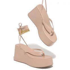 Mollyshoe Ankle Chain Lace-Up Thong Entry Wedge Platform Sandals