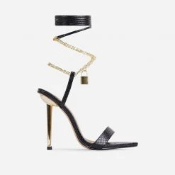 Mollyshoe Faux Leather Chain Padlock Pointed Toe Lace Up Heels