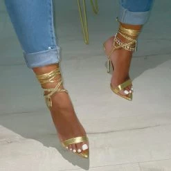 Mollyshoe Faux Leather Chain Padlock Pointed Toe Lace Up Heels