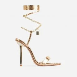 Mollyshoe Faux Leather Chain Padlock Pointed Toe Lace Up Heels