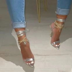 Mollyshoe Faux Leather Chain Padlock Pointed Toe Lace Up Heels