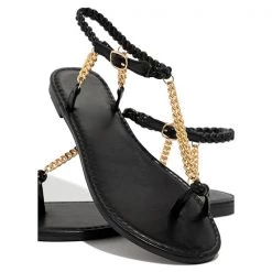 Mollyshoe Gold-Tone Chain Braided Ankle Strap Toe Loop Sandals