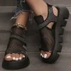Mollyshoe Rhinestone Hollow-Out Velcro Solid Color Platform Sandals