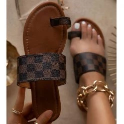 Mollyshoe Plaid Toe Loop Slip-On Open Rounded Toe Slippers