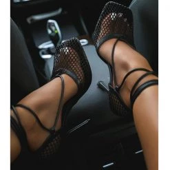 Weekly Best Seller Mollyshoe Fishnet Squared Toe Lace Up Heels