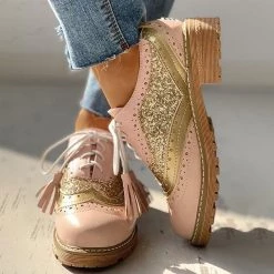 Mollyshoe Lace-Up Sequins Insert Chunky Heeled Boots Flats