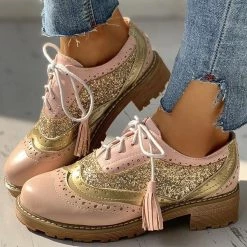Mollyshoe Lace-Up Sequins Insert Chunky Heeled Boots Flats